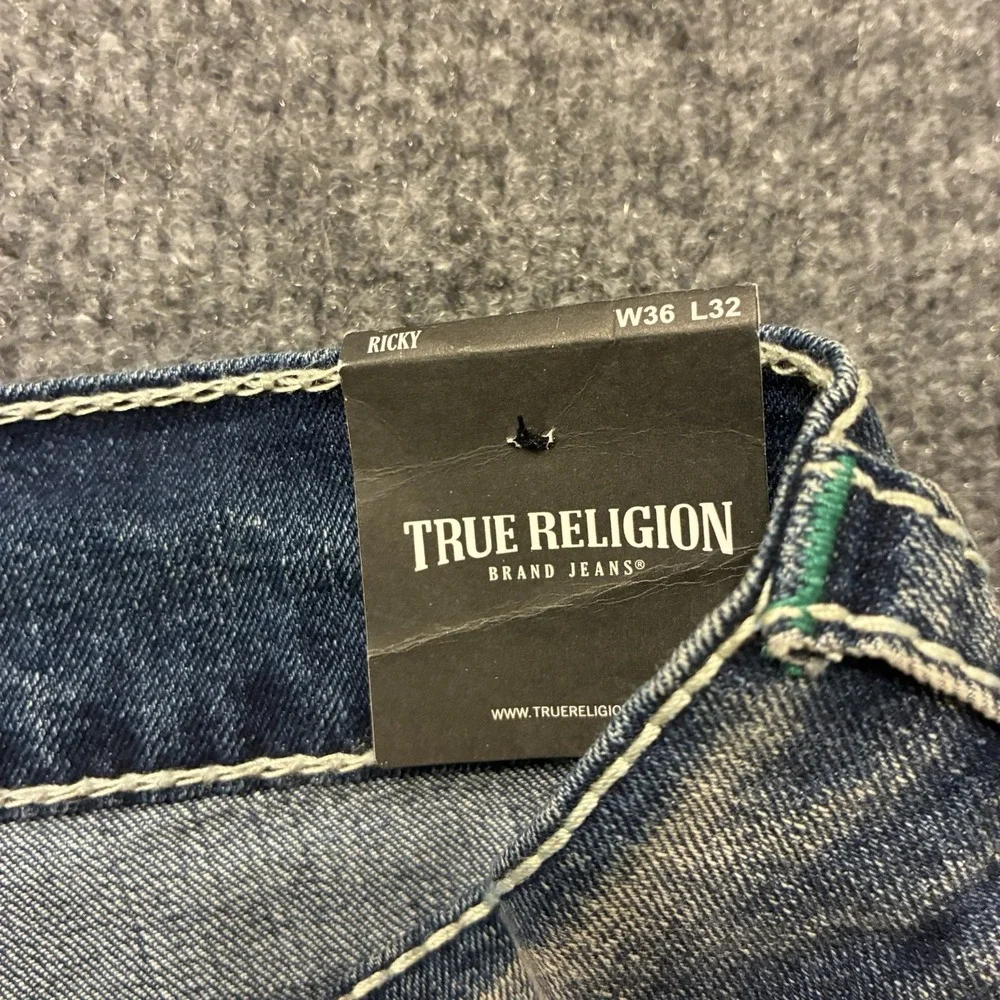 True Religion Big T Flap Faded Straight Leg Jeans Mens 36x32 Thick Stitch Denim